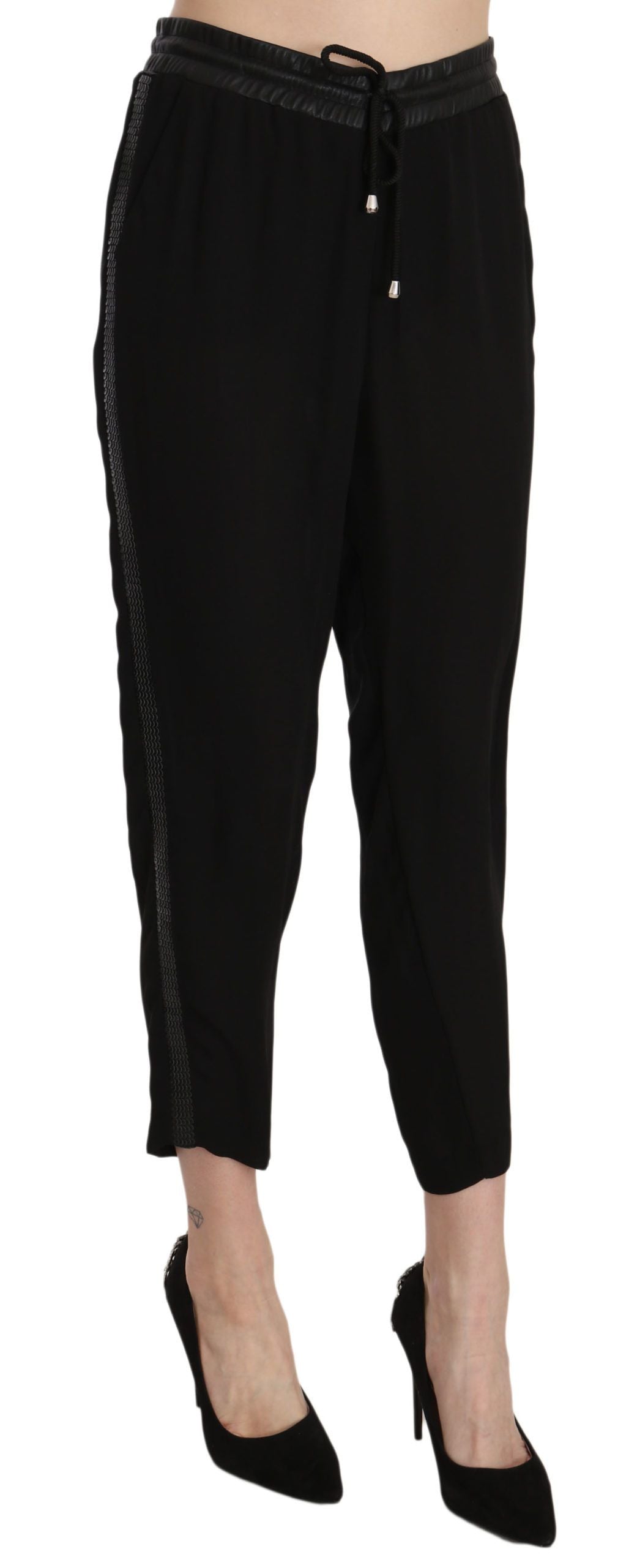 Guess Black polyester high-waisted cropped trousers